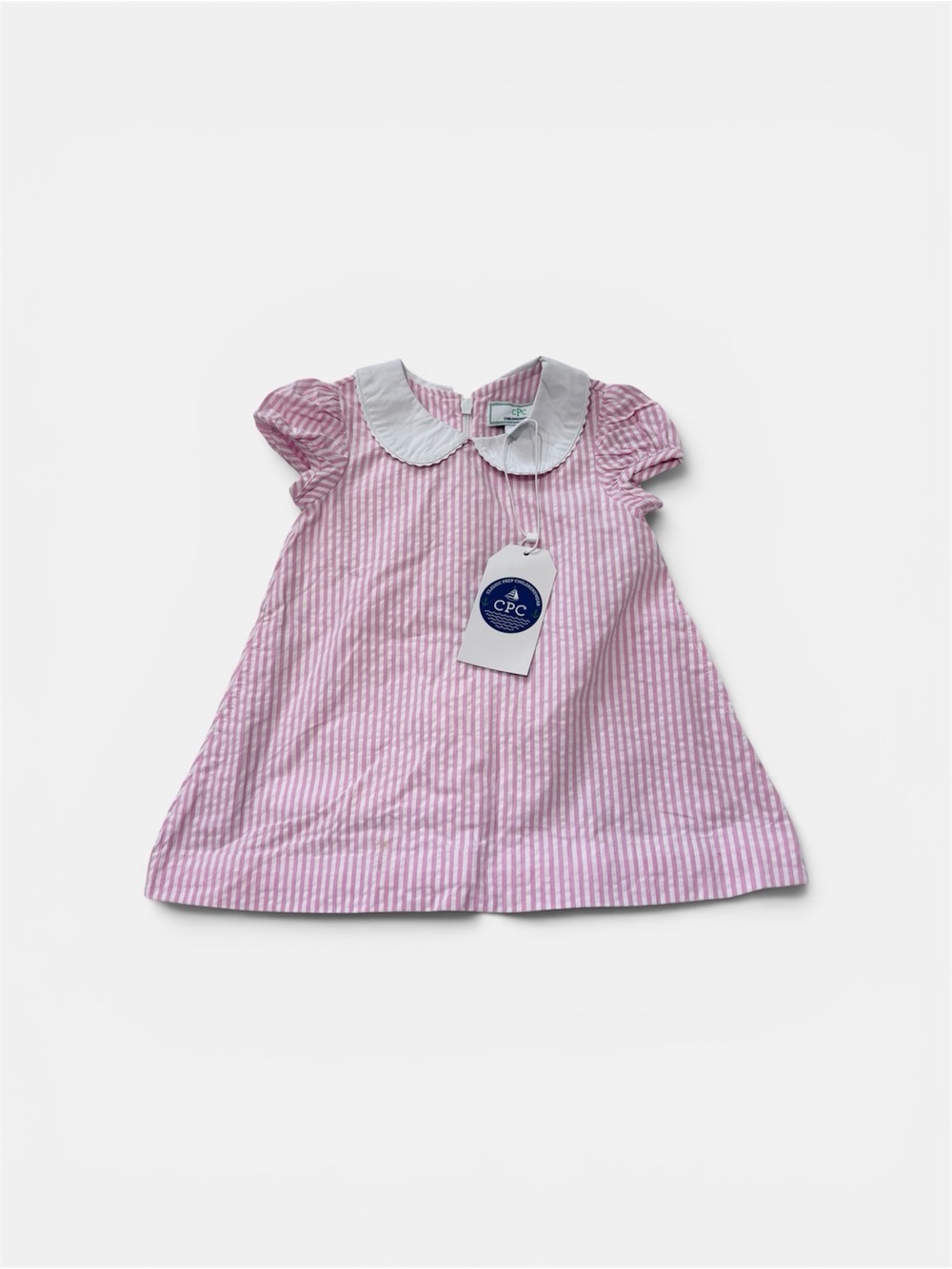 Pink & White Striped Seersucker Baby Dress with Peter Pan Collar